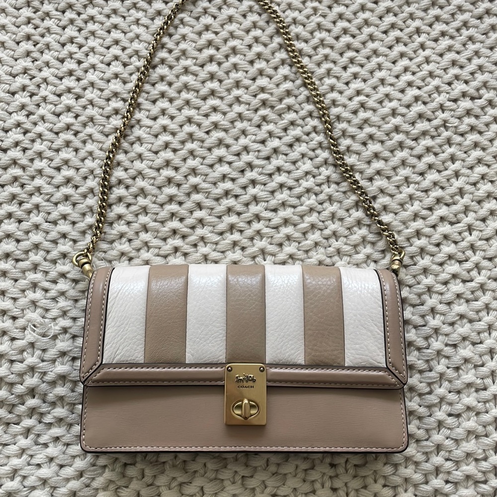 Brand NEW* Coach white and beige striped leather wallet on chain crossbody